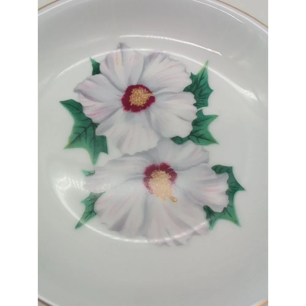 4 Vtg Kent Narumi China Tropical White Hibiscus Rimmed Soup Bowls KENTROP Japan